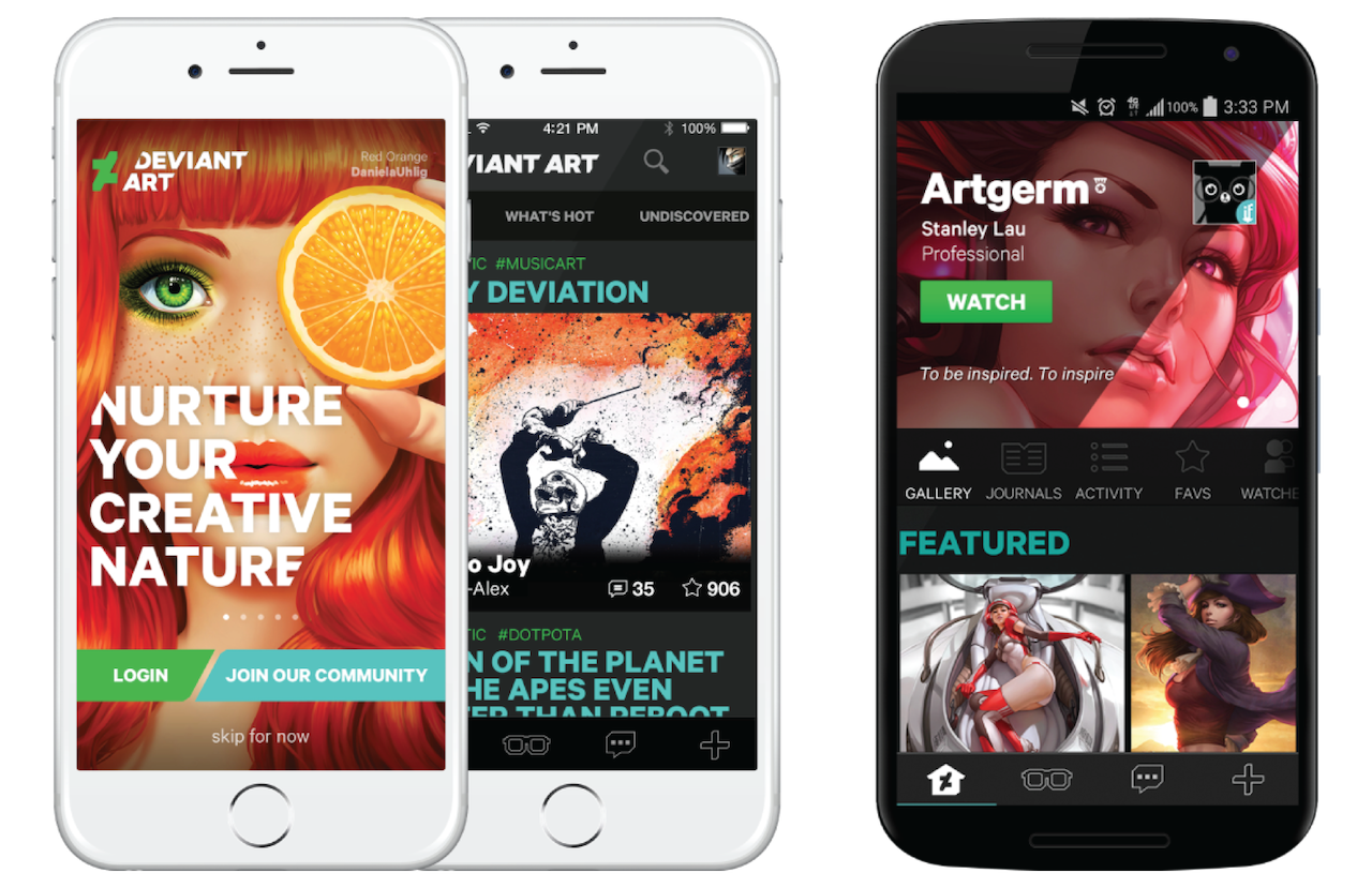 Screen shots from the launch version of the DeviantArt app.