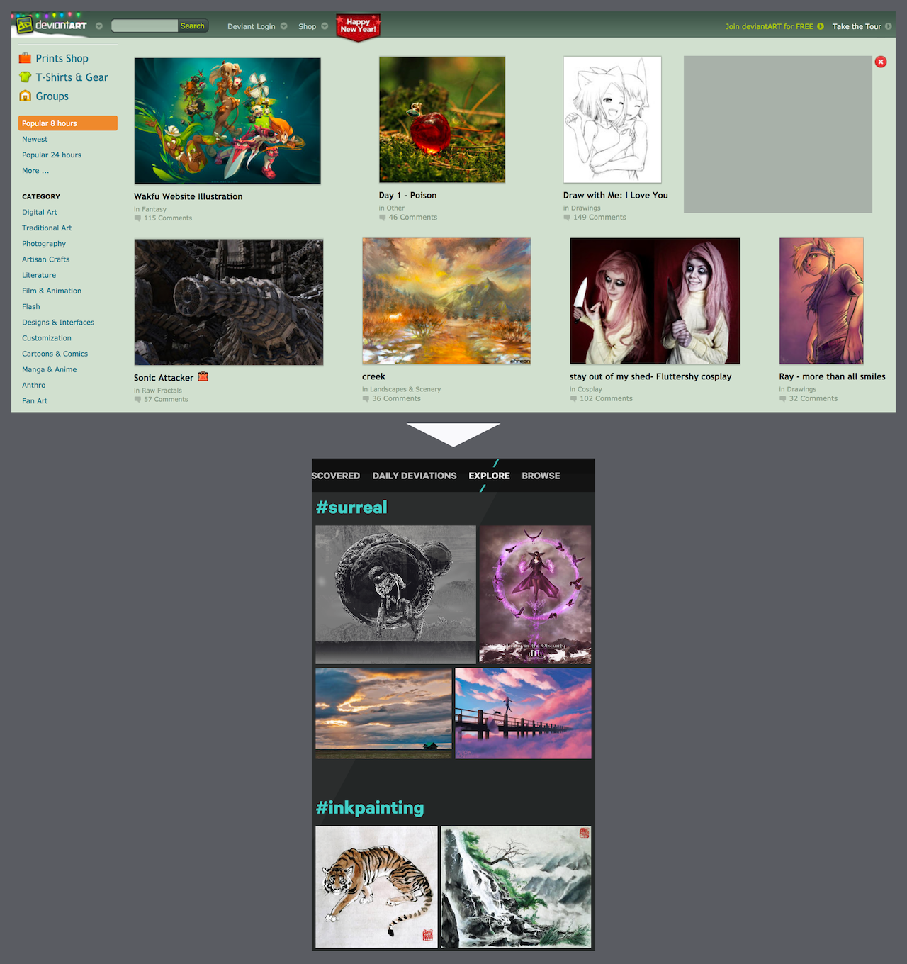 Screenshot of browsing art on the DeviantArt website, with an arrow pointing down to a screenshot of browsing art on the mobile app.