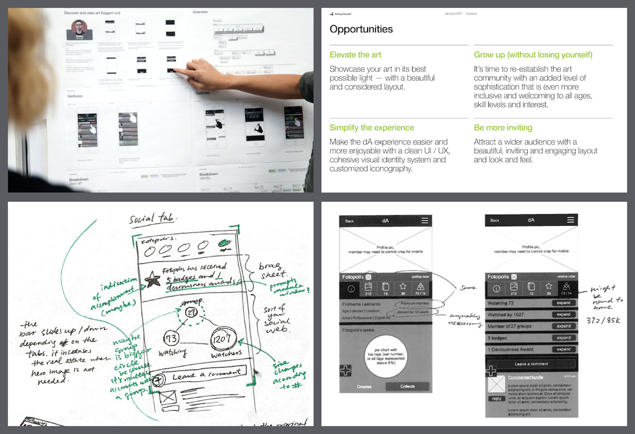 Images of work in progress, including personas, opportunity recommendations and early sketches and wireframes.