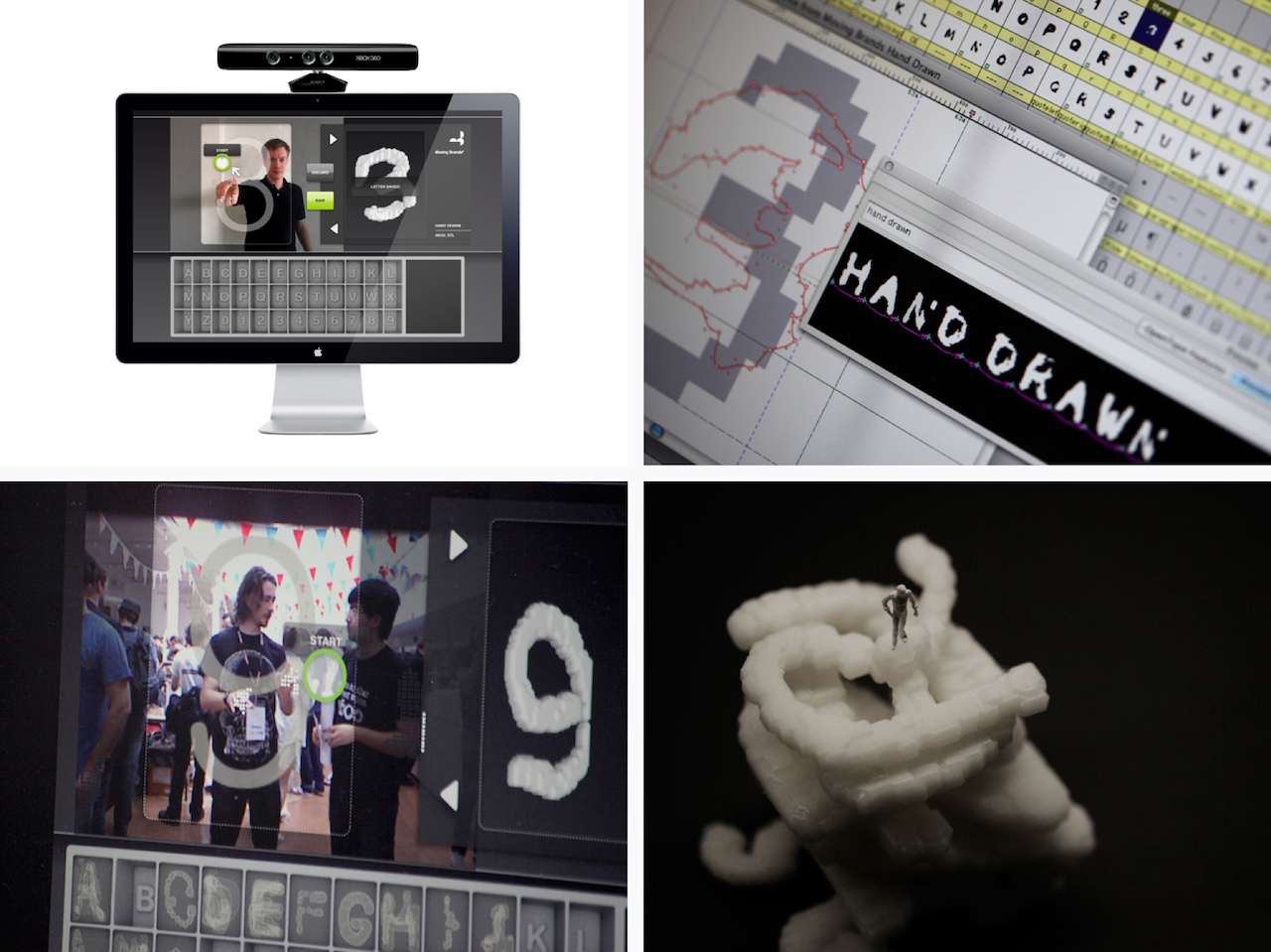 Photos showing a 3D scanning interface and letters that were derived from people's gestures.