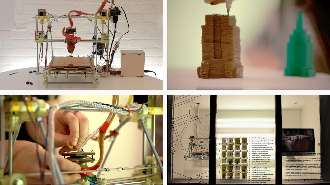 Photos of a 3D printer,  models printed in plastic and chocolate, and a window display showing a 3D-printed advent calendar.