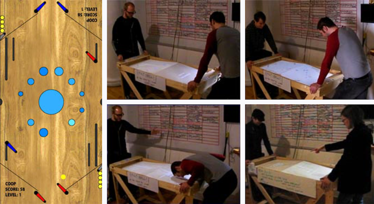 Screen grab of the pinball game and four photos of players.