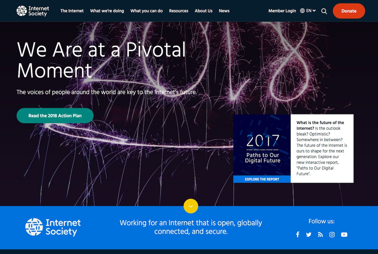 Screen grab of the home page from the redesigned Internet Society website