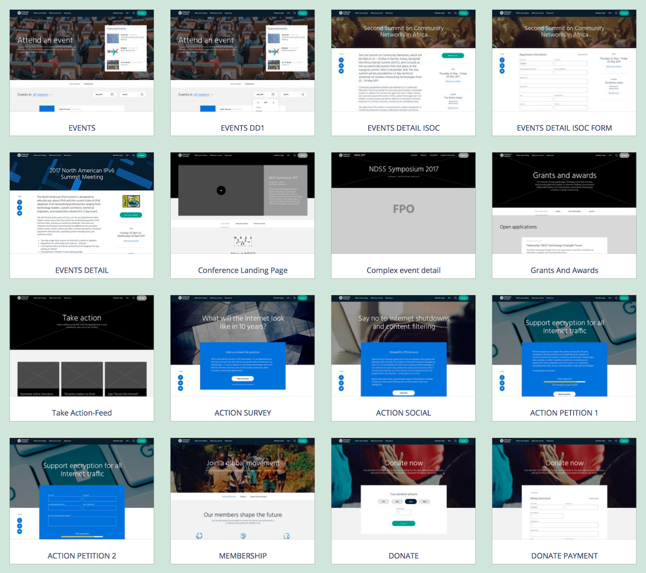 Grid of several page layout variations.